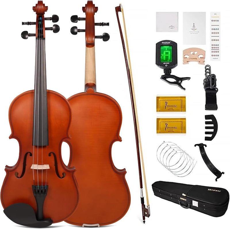Phoenix Violin 4/4 Full Size Kit, Violin Fiddle Set for Beginner Adults with Rosewood Bow, Extra Strings & Bridge, 2 Rosins, Tuner, Case, Mute, Fingerboard Stickers, Shoulder Rest (826 Matte) - Image 1